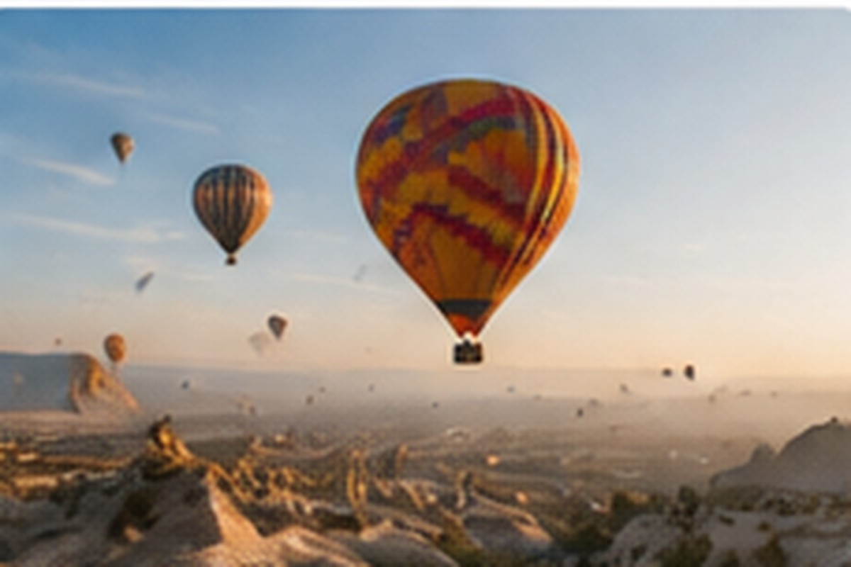 Hot-air balloons floating above a broad landscape in early light.