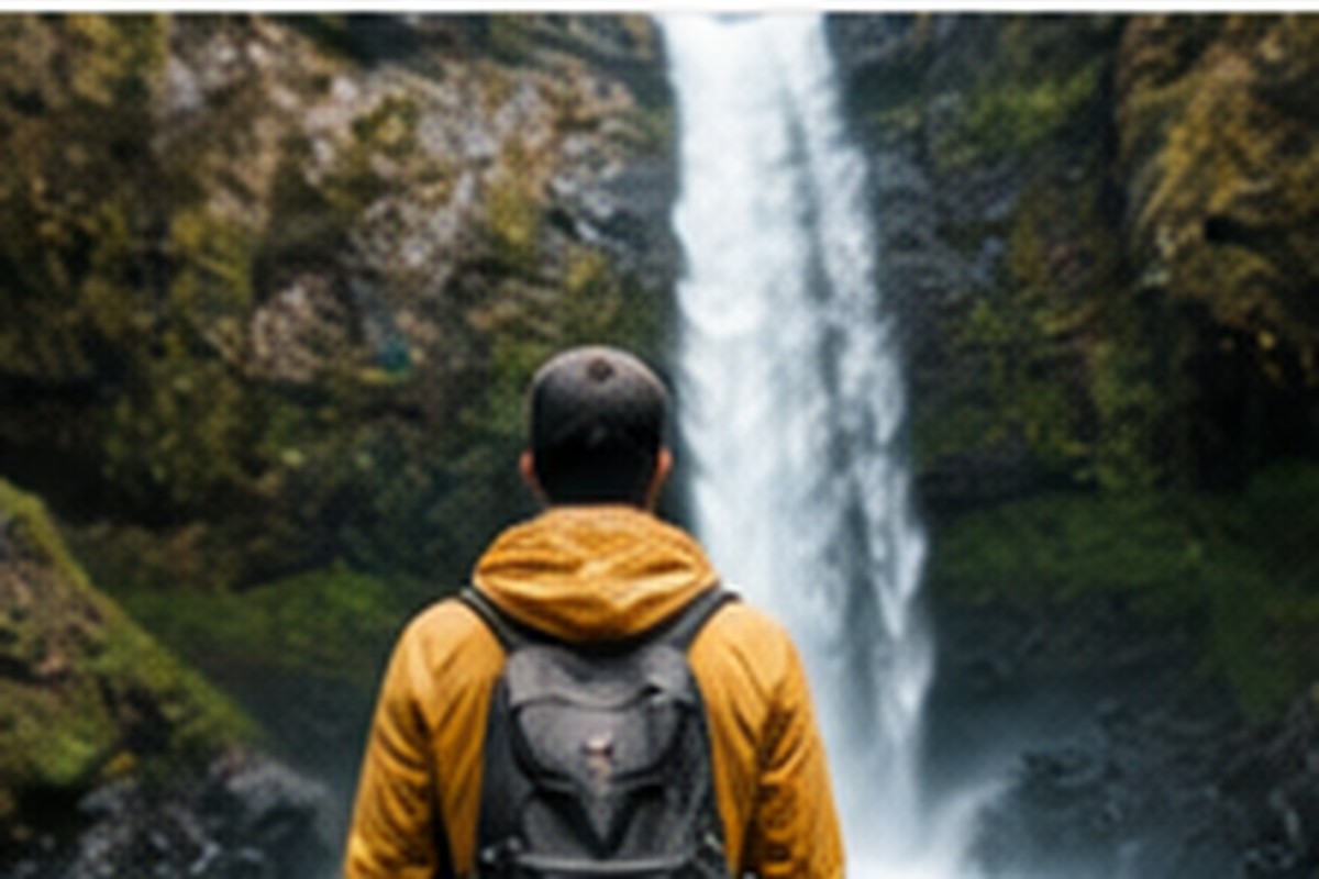 A walker standing near a tall waterfall in a green forest.