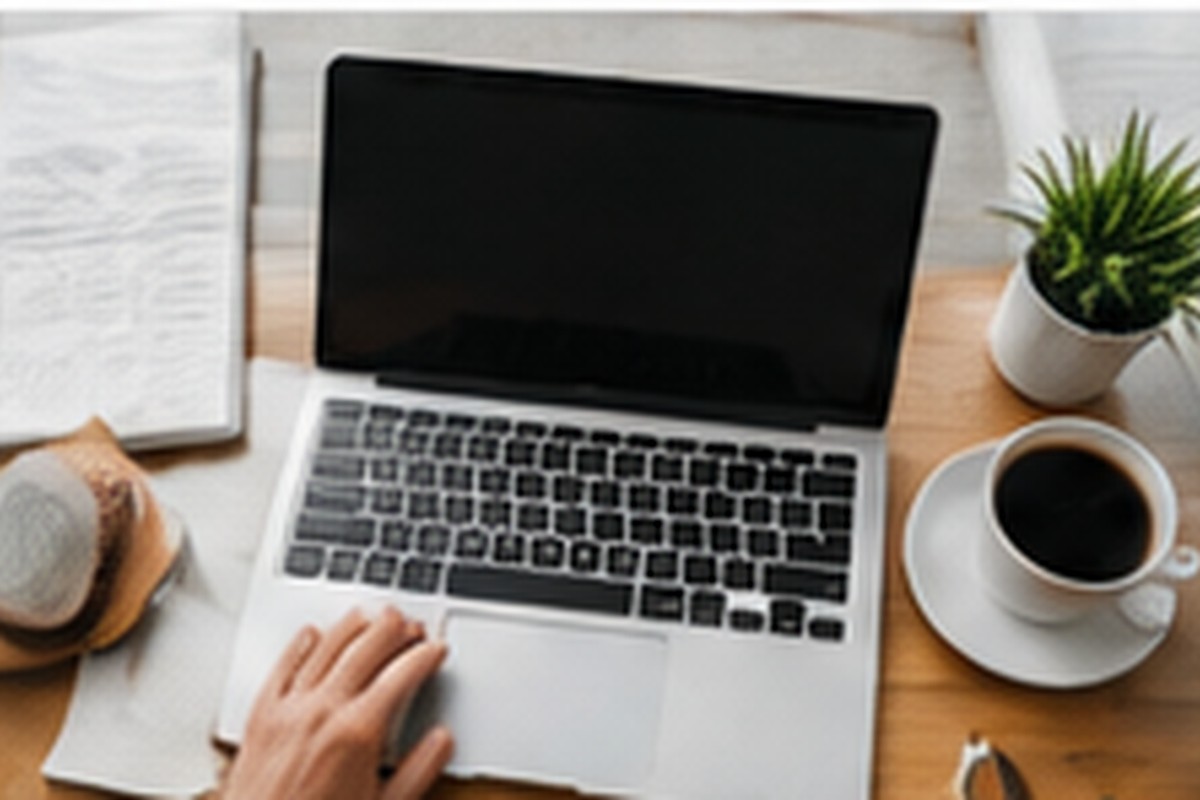 A laptop, coffee cup, notebook, and plant on a small desk.