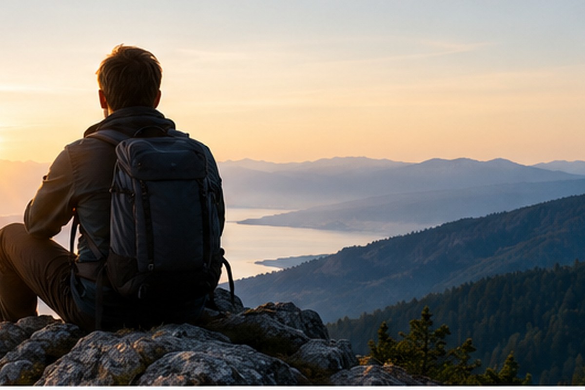A hiker sitting on a rocky ridge above a wide lake at sunrise.